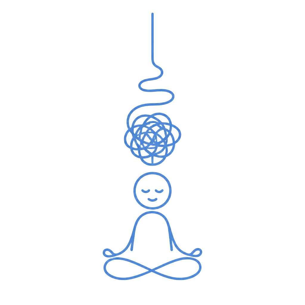 Illustration of a seated figure with a tangled thread above their head unravelling